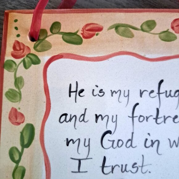 Decorative Bible Passage Ceramic Tile Wall Hanging Psalms 91:2 "He is my Refuge" - Picture 2 of 6